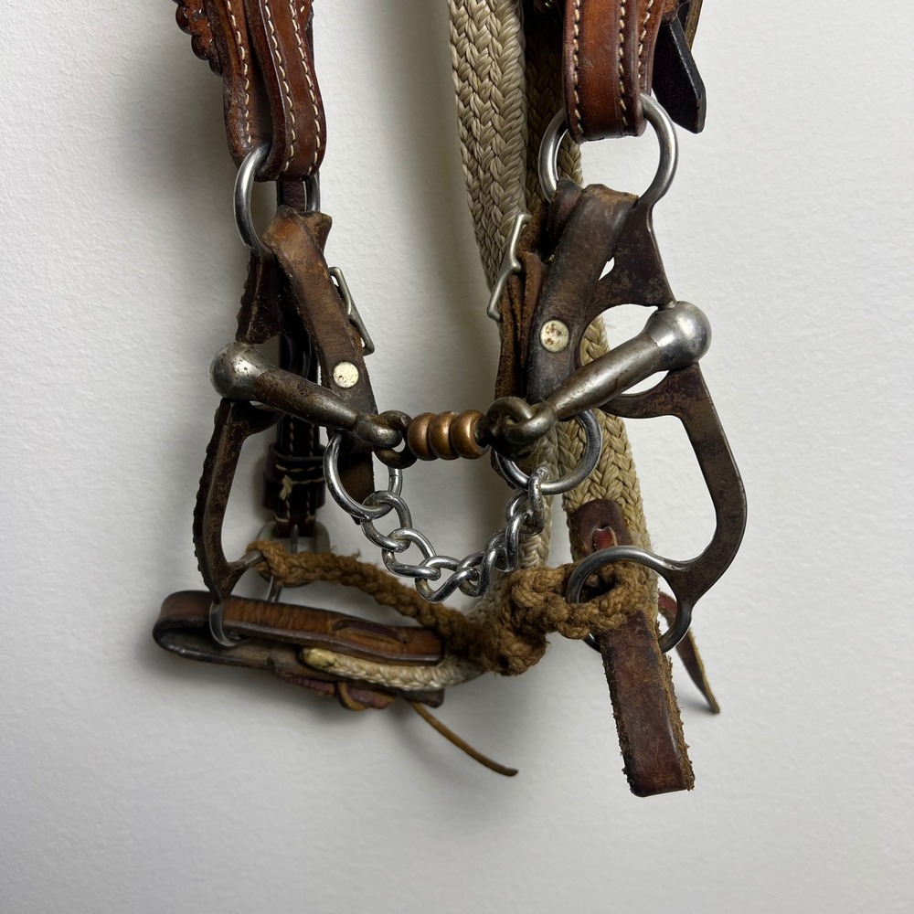 Unbranded Leather Headstall Double Diamond 7ft Reins Zebra Concho Brown Good - Picture 5 of 11
